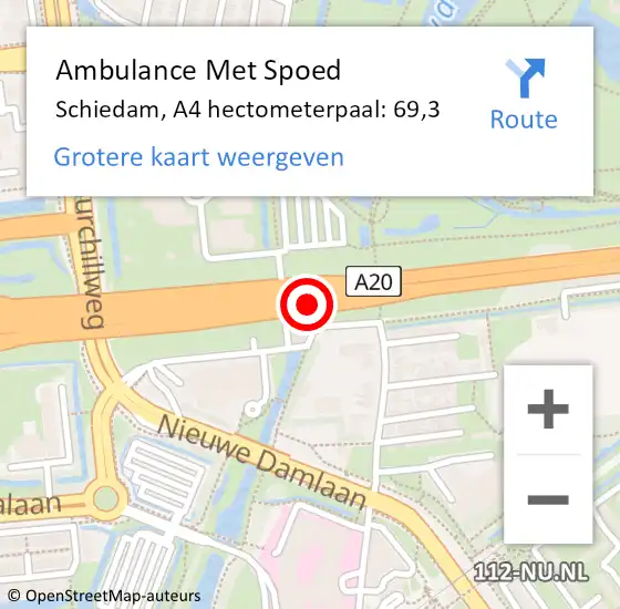 Locatie op kaart van de 112 melding: Ambulance Met Spoed Naar Schiedam, A4 hectometerpaal: 69,3 op 12 juni 2024 19:52