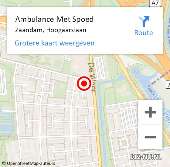 Locatie op kaart van de 112 melding: Ambulance Met Spoed Naar Zaandam, Hoogaarslaan op 12 juni 2024 20:14