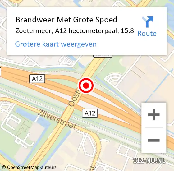Locatie op kaart van de 112 melding: Brandweer Met Grote Spoed Naar Zoetermeer, A12 hectometerpaal: 15,8 op 12 juni 2024 20:28
