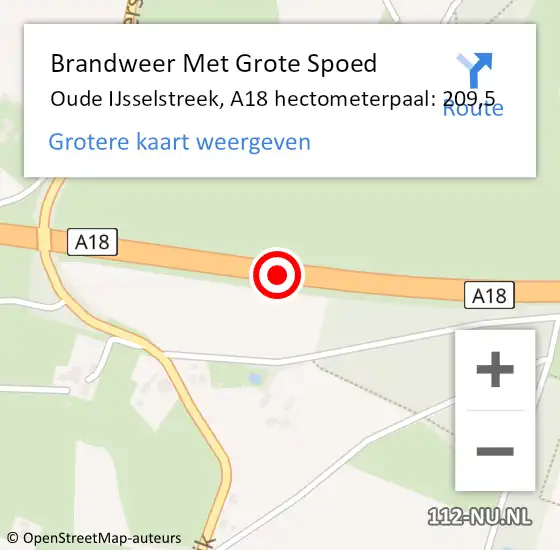 Locatie op kaart van de 112 melding: Brandweer Met Grote Spoed Naar Oude IJsselstreek, A18 hectometerpaal: 209,5 op 12 juni 2024 22:18