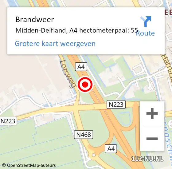 Locatie op kaart van de 112 melding: Brandweer Midden-Delfland, A4 hectometerpaal: 55 op 12 juni 2024 22:45