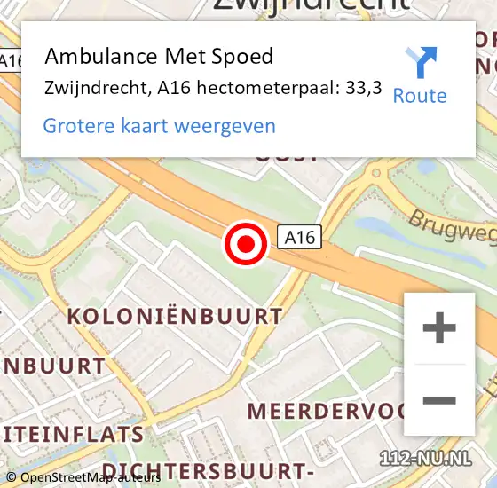 Locatie op kaart van de 112 melding: Ambulance Met Spoed Naar Zwijndrecht, A16 hectometerpaal: 33,3 op 13 juni 2024 07:35