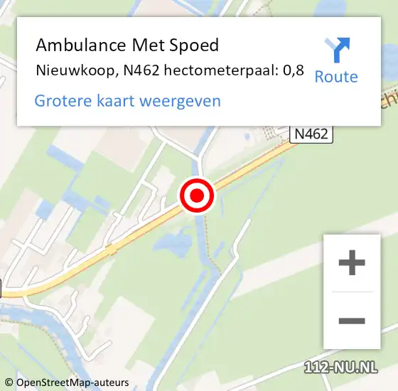 Locatie op kaart van de 112 melding: Ambulance Met Spoed Naar Nieuwkoop, N462 hectometerpaal: 0,8 op 13 juni 2024 07:53