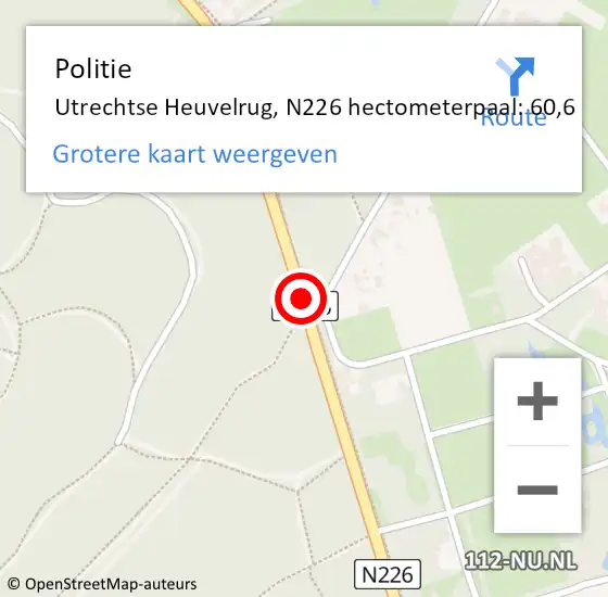 Locatie op kaart van de 112 melding: Politie Utrechtse Heuvelrug, N226 hectometerpaal: 60,6 op 13 juni 2024 08:26