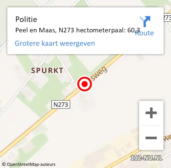 Locatie op kaart van de 112 melding: Politie Peel en Maas, N273 hectometerpaal: 60,3 op 13 juni 2024 08:28