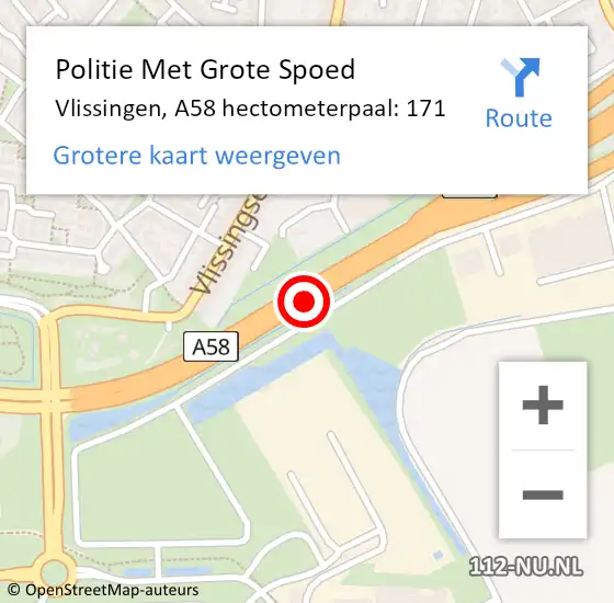 Locatie op kaart van de 112 melding: Politie Met Grote Spoed Naar Vlissingen, A58 hectometerpaal: 171 op 13 juni 2024 08:32