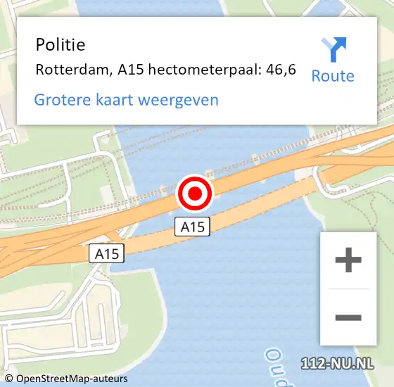 Locatie op kaart van de 112 melding: Politie Rotterdam, A15 hectometerpaal: 46,6 op 13 juni 2024 08:50