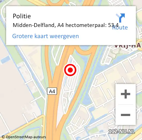 Locatie op kaart van de 112 melding: Politie Midden-Delfland, A4 hectometerpaal: 53,4 op 13 juni 2024 09:49