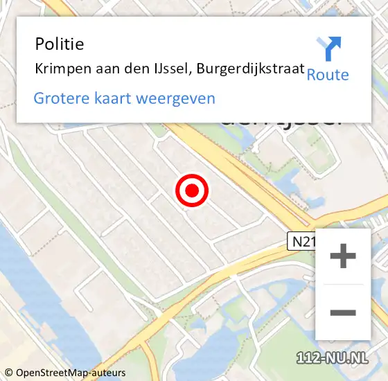 Locatie op kaart van de 112 melding: Politie Krimpen aan den IJssel, Burgerdijkstraat op 17 oktober 2013 07:04