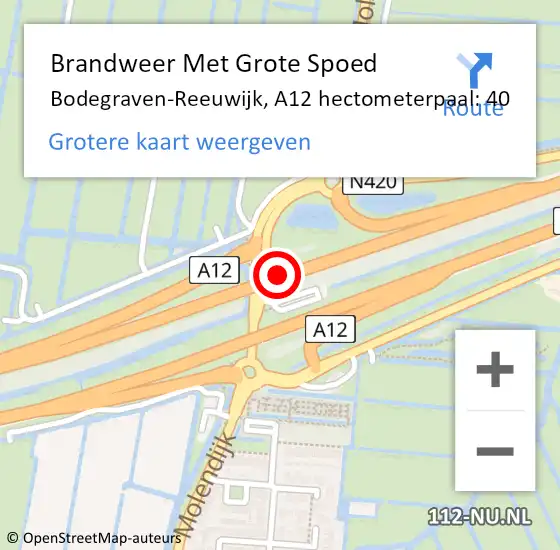 Locatie op kaart van de 112 melding: Brandweer Met Grote Spoed Naar Bodegraven-Reeuwijk, A12 hectometerpaal: 40 op 13 juni 2024 11:29