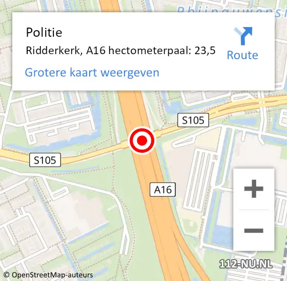 Locatie op kaart van de 112 melding: Politie Ridderkerk, A16 hectometerpaal: 23,5 op 13 juni 2024 11:35