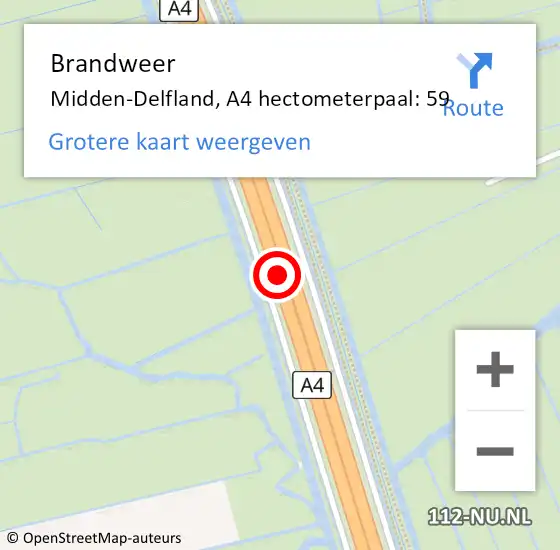 Locatie op kaart van de 112 melding: Brandweer Midden-Delfland, A4 hectometerpaal: 59 op 13 juni 2024 11:36