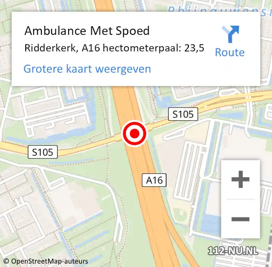 Locatie op kaart van de 112 melding: Ambulance Met Spoed Naar Ridderkerk, A16 hectometerpaal: 23,5 op 13 juni 2024 11:44