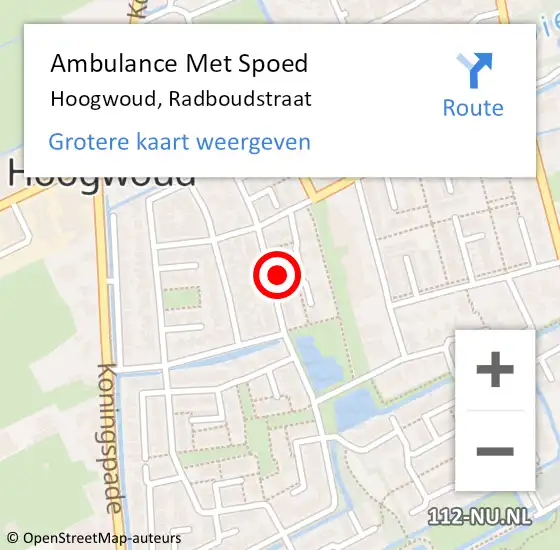 Locatie op kaart van de 112 melding: Ambulance Met Spoed Naar Hoogwoud, Radboudstraat op 13 juni 2024 12:24