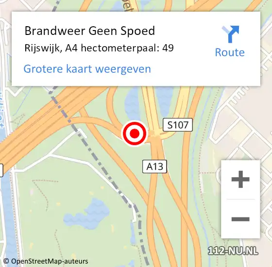 Locatie op kaart van de 112 melding: Brandweer Geen Spoed Naar Rijswijk, A4 hectometerpaal: 49 op 13 juni 2024 12:26