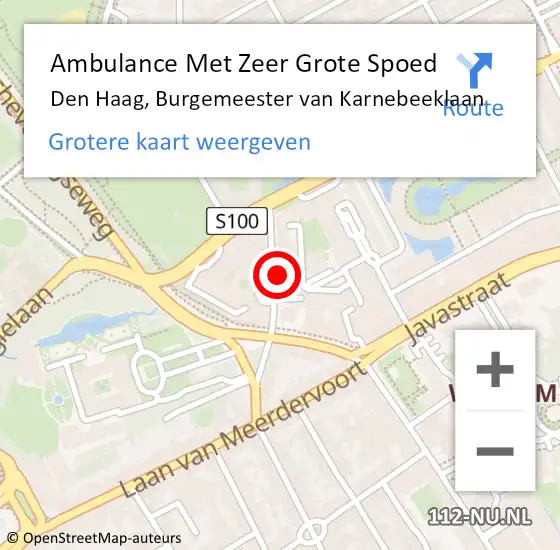 Locatie op kaart van de 112 melding: Ambulance Met Zeer Grote Spoed Naar Den Haag, Burgemeester van Karnebeeklaan op 13 juni 2024 13:44