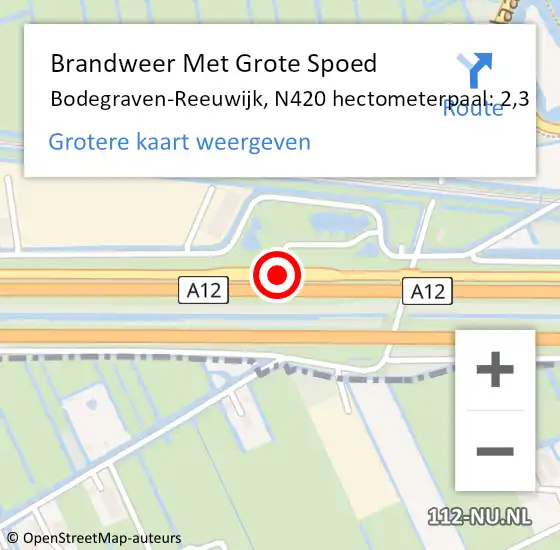 Locatie op kaart van de 112 melding: Brandweer Met Grote Spoed Naar Bodegraven-Reeuwijk, N420 hectometerpaal: 2,3 op 13 juni 2024 14:10
