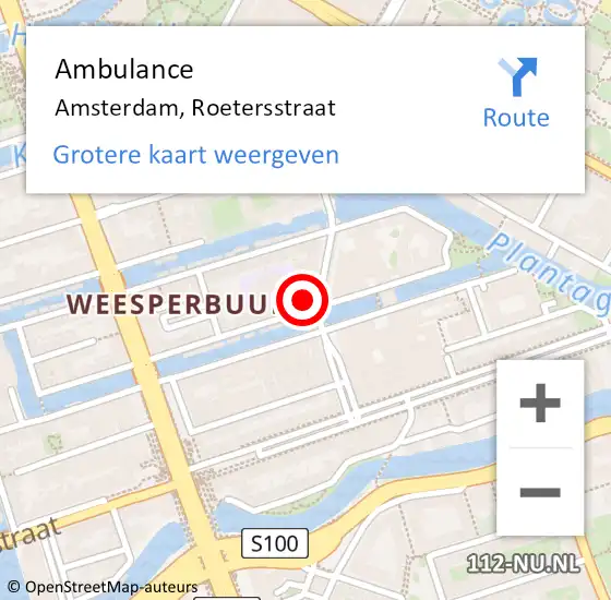 Locatie op kaart van de 112 melding: Ambulance Amsterdam, Roetersstraat op 13 juni 2024 15:16