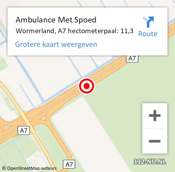 Locatie op kaart van de 112 melding: Ambulance Met Spoed Naar Wormerland, A7 hectometerpaal: 11,3 op 13 juni 2024 16:35