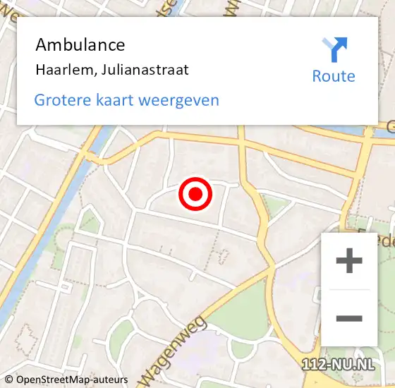 Locatie op kaart van de 112 melding: Ambulance Haarlem, Julianastraat op 13 juni 2024 16:53