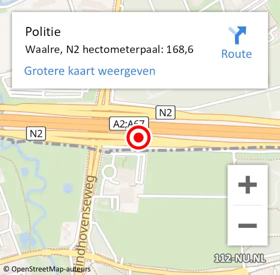 Locatie op kaart van de 112 melding: Politie Waalre, N2 hectometerpaal: 168,6 op 13 juni 2024 16:59