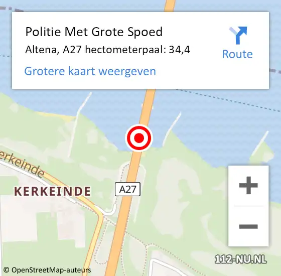 Locatie op kaart van de 112 melding: Politie Met Grote Spoed Naar Altena, A27 hectometerpaal: 34,4 op 13 juni 2024 17:02