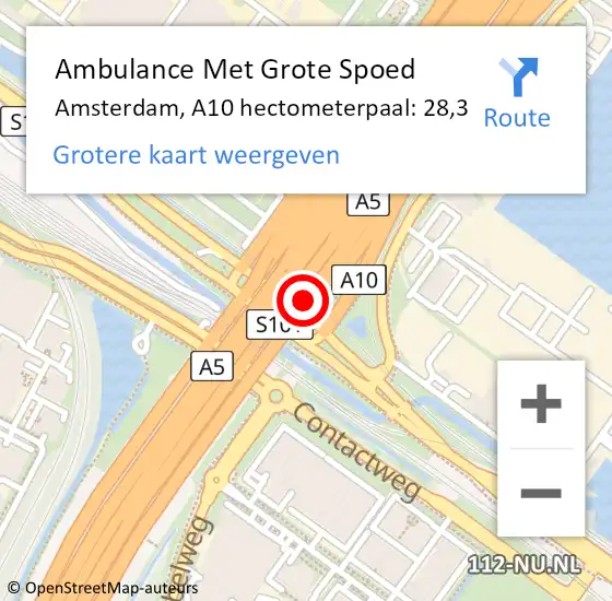 Locatie op kaart van de 112 melding: Ambulance Met Grote Spoed Naar Amsterdam, A10 hectometerpaal: 28,3 op 13 juni 2024 18:04