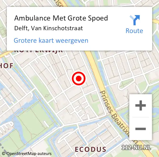 Locatie op kaart van de 112 melding: Ambulance Met Grote Spoed Naar Delft, Van Kinschotstraat op 13 juni 2024 18:32