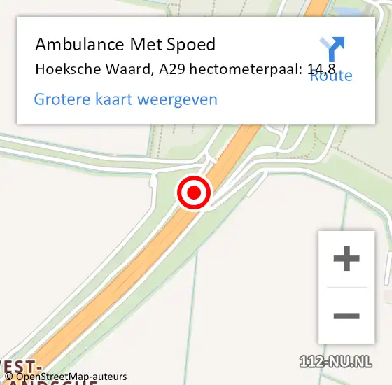 Locatie op kaart van de 112 melding: Ambulance Met Spoed Naar Hoeksche Waard, A29 hectometerpaal: 14,8 op 13 juni 2024 19:50