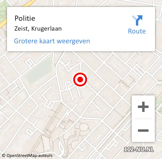 Locatie op kaart van de 112 melding: Politie Zeist, Krugerlaan op 13 juni 2024 21:15
