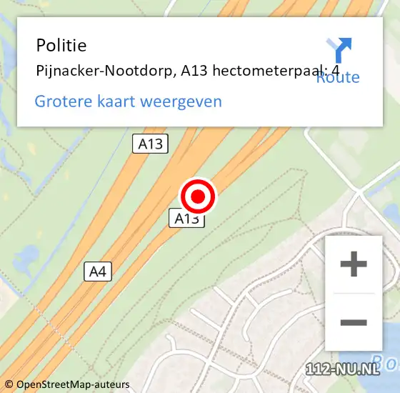 Locatie op kaart van de 112 melding: Politie Pijnacker-Nootdorp, A13 hectometerpaal: 4 op 14 juni 2024 01:39