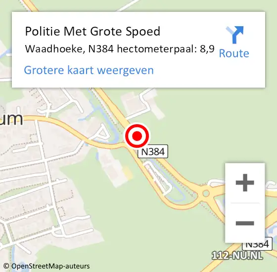 Locatie op kaart van de 112 melding: Politie Met Grote Spoed Naar Waadhoeke, N384 hectometerpaal: 8,9 op 14 juni 2024 04:02