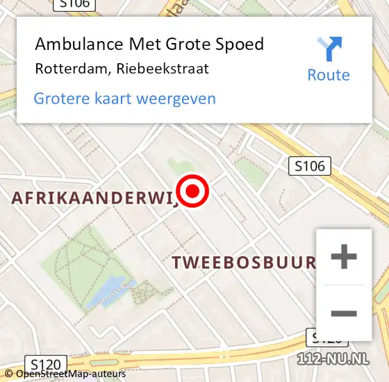 Locatie op kaart van de 112 melding: Ambulance Met Grote Spoed Naar Rotterdam, Riebeekstraat op 14 juni 2024 04:43