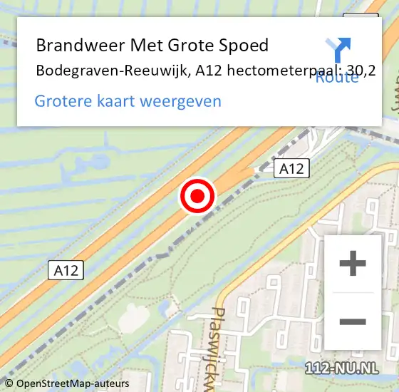Locatie op kaart van de 112 melding: Brandweer Met Grote Spoed Naar Bodegraven-Reeuwijk, A12 hectometerpaal: 30,2 op 14 juni 2024 06:30