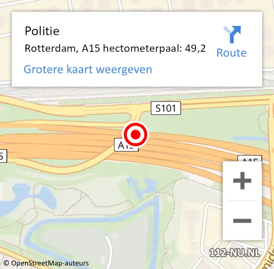 Locatie op kaart van de 112 melding: Politie Rotterdam, A15 hectometerpaal: 49,2 op 14 juni 2024 08:13