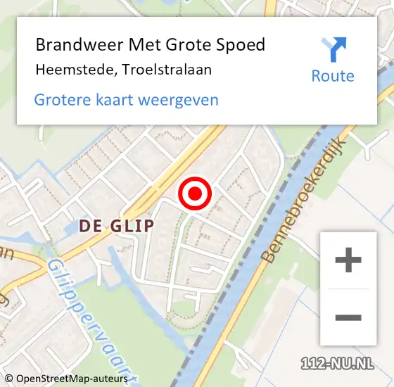 Locatie op kaart van de 112 melding: Brandweer Met Grote Spoed Naar Heemstede, Troelstralaan op 14 juni 2024 10:16