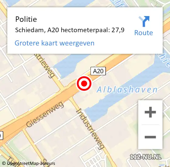 Locatie op kaart van de 112 melding: Politie Schiedam, A20 hectometerpaal: 27,9 op 14 juni 2024 10:27