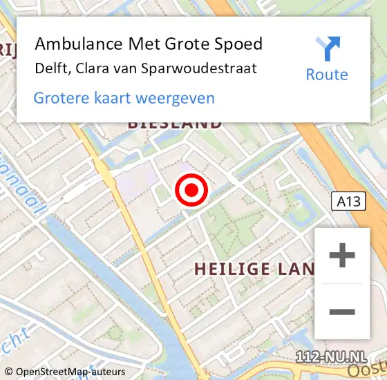 Locatie op kaart van de 112 melding: Ambulance Met Grote Spoed Naar Delft, Clara van Sparwoudestraat op 14 juni 2024 10:50
