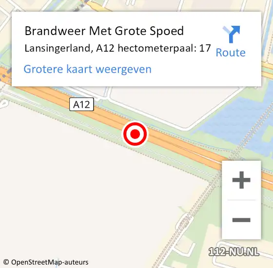 Locatie op kaart van de 112 melding: Brandweer Met Grote Spoed Naar Lansingerland, A12 hectometerpaal: 17 op 14 juni 2024 11:44