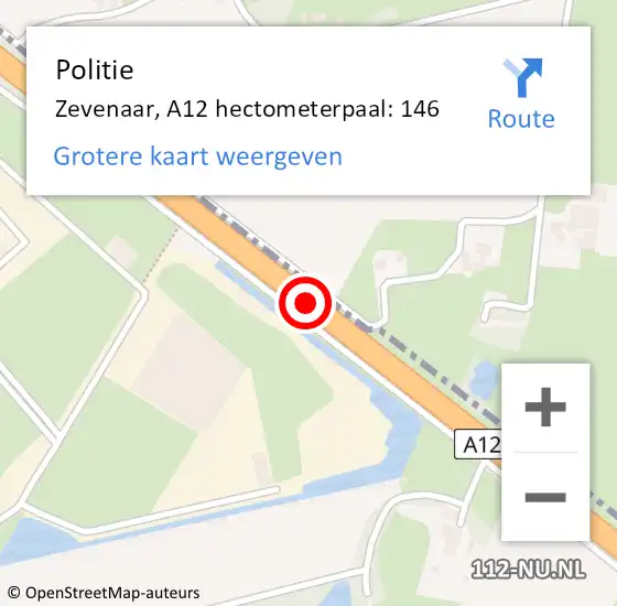 Locatie op kaart van de 112 melding: Politie Zevenaar, A12 hectometerpaal: 146 op 14 juni 2024 13:26