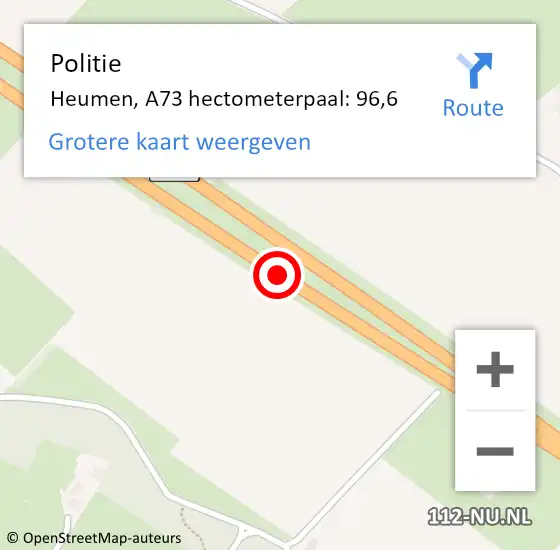 Locatie op kaart van de 112 melding: Politie Heumen, A73 hectometerpaal: 96,6 op 14 juni 2024 14:56