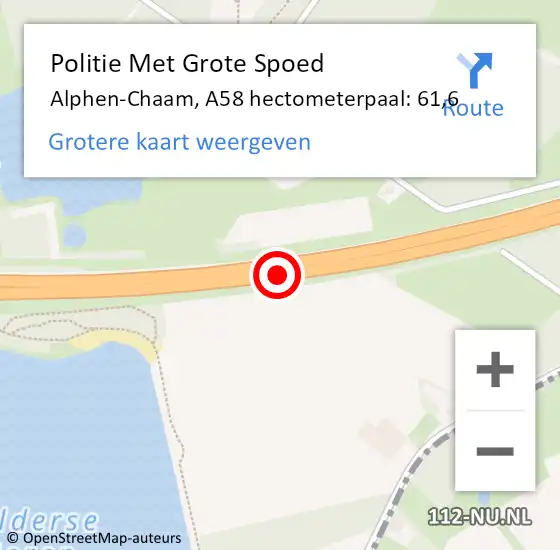 Locatie op kaart van de 112 melding: Politie Met Grote Spoed Naar Alphen-Chaam, A58 hectometerpaal: 61,6 op 14 juni 2024 15:29