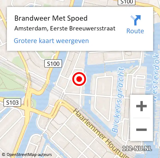 Locatie op kaart van de 112 melding: Brandweer Met Spoed Naar Amsterdam, Eerste Breeuwersstraat op 14 juni 2024 15:39
