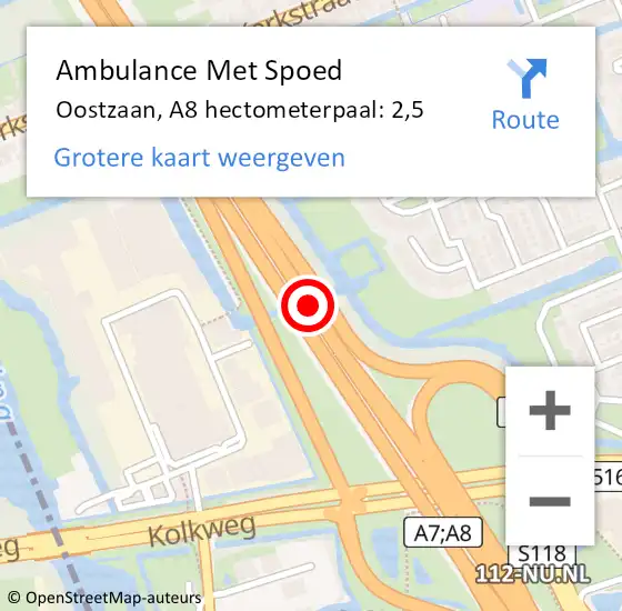 Locatie op kaart van de 112 melding: Ambulance Met Spoed Naar Oostzaan, A8 hectometerpaal: 2,5 op 14 juni 2024 16:40