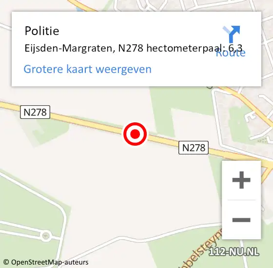 Locatie op kaart van de 112 melding: Politie Eijsden-Margraten, N278 hectometerpaal: 6,3 op 14 juni 2024 16:48