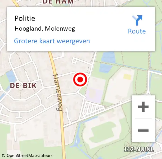 Locatie op kaart van de 112 melding: Politie Hoogland, Molenweg op 14 juni 2024 17:28