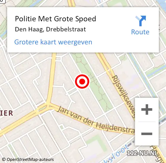 Locatie op kaart van de 112 melding: Politie Met Grote Spoed Naar Den Haag, Drebbelstraat op 14 juni 2024 18:42