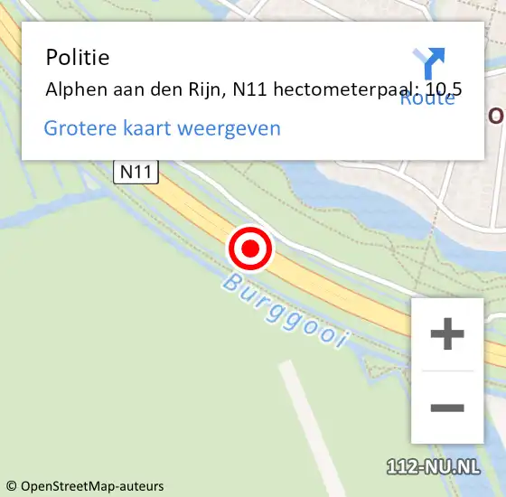 Locatie op kaart van de 112 melding: Politie Alphen aan den Rijn, N11 hectometerpaal: 10,5 op 14 juni 2024 18:58