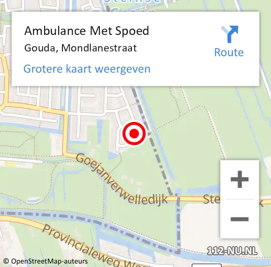 Locatie op kaart van de 112 melding: Ambulance Met Spoed Naar Gouda, Mondlanestraat op 14 juni 2024 19:14