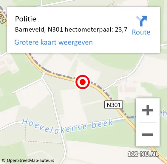 Locatie op kaart van de 112 melding: Politie Barneveld, N301 hectometerpaal: 23,7 op 14 juni 2024 20:21